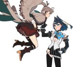  2girls ahoge bangs blue_eyes blue_hair blue_ribbon boots bow bow_earrings brown_eyes brown_hair chain cleavage_cutout clothing_cutout detached_sleeves earrings eus_ing feather_hair_ornament feathers gloves hair_intakes hair_ornament headband high_heel_boots high_heels hololive hololive_english jewelry long_hair multicolored_hair multiple_girls nanashi_mumei ouro_kronii ponytail ribbon sailor_collar shirt short_hair skirt sleeveless sleeveless_shirt solo streaked_hair thigh-highs very_long_hair virtual_youtuber white_shirt 