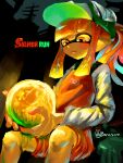  1girl absurdres artist_name banasura bangs baseball_cap blunt_bangs blush commentary_request english_text flat_chest gloves gloves_removed glowing golden_egg green_gloves green_headwear hat highres holding hungry inkling inkling_girl licking_lips logo long_hair long_sleeves looking_down night orange_eyes orange_hair orange_overalls outdoors overalls pointy_ears ponytail salmon_run_(splatoon) shiny shiny_hair shirt sidelocks signature sitting sketch slime_(substance) solo splatoon_(series) splatoon_2 sweat tentacle_hair tentacles tongue tongue_out underlighting white_shirt 