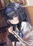  absurdres adjusting_eyewear black_hair blue_archive blush book bookshelf commentary commentary_request glasses hair_between_eyes halo headband highres kaya_(tyhk7874) long_hair portrait school_uniform sweater ui_(blue_archive) 