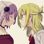  2girls alina_gray azusa_mifuyu bangs black_choker blunt_ends bow bowtie breasts choker green_eyes green_hair grey_hair hair_between_eyes long_hair loose_bowtie magia_record:_mahou_shoujo_madoka_magica_gaiden mahou_shoujo_madoka_magica medium_breasts mizuki_(flowerlanguage) multicolored_hair multiple_girls pendant_choker sakae_general_school_uniform school_uniform short_hair sidelocks simple_background sleeves_rolled_up straight_hair streaked_hair very_long_hair 