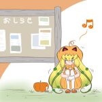 1girl bare_shoulders blonde_hair blush bow bowtie brown_footwear commentary_request gloves green_eyes green_hair highres jack-o&#039;-lantern_(kemono_friends) kemono_friends kemono_friends_3 knees_to_chest leaf long_hair mary_janes morinexxx multicolored_hair orange_bow orange_bowtie pantyhose pumpkin pumpkin_hat pumpkin_shorts shoes sitting sleeveless solo translation_request white_gloves white_pantyhose 