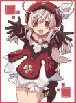  1girl 2021 absurdres bangs brown_gloves dress feathers female_child genshin_impact gloves hat highres jumping klee_(genshin_impact) looking_at_viewer midair open_mouth pointy_ears reaching_out red_eyes smile solo teeth twintails upper_teeth white_hair yayoripain 