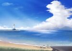 aircraft airplane artist_name beach blue_sky clouds commentary_request day highres hiro_(haruumi0120) lighthouse mountainous_horizon no_humans ocean original outdoors scenery shore sky water watermark 