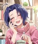  1girl :d ^_^ ^o^ ahoge bangs blue_hair blush book bookshelf closed_eyes cup dark_blue_hair forehead head_tilt highres holding holding_spoon idolmaster idolmaster_(classic) idolmaster_million_live! indoors miura_azusa mug open_mouth parted_bangs pink_sweater round_teeth short_hair shunka_tunacan smile solo spoon sweater teeth turtleneck turtleneck_sweater upper_body 