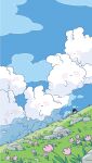  animal_ears blue_sky blush cat cat_ears clouds cloudy_sky field flower grass highres original rabbit rabbit_ears rock sky tulip yoyo_the_ricecorpse 