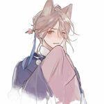  1boy animal_ears brown_eyes cat_boy cat_ears chinese_clothes chinese_commentary clenched_teeth commentary_request embarrassed feixuxu hanfu highres light_brown_hair male_focus simple_background solo tang_huhu teeth v-shaped_eyebrows wang_chuan_feng_hua_lu white_background 
