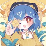  1girl :o absurdres album_cover bangs bao_(vtuber) beret black_headwear blue_hair blush bright_pupils brown_eyes cover food fruit hat highres holding holding_food holding_fruit indie_virtual_youtuber leaf lemon lemon_slice nagino_nichiko official_art one_eye_closed open_mouth portrait shirt short_hair solo sparkle symbol-shaped_pupils virtual_youtuber white_pupils yellow_shirt 