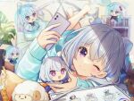  1girl barefoot blue_hair blush bubble cellphone character_doll earphones grey_hair highres holding holding_phone iriam long_sleeves looking_at_viewer lying miria_(iriam) multicolored_hair on_bed on_stomach one_eye_closed phone selfie shirase_(shirose) short_hair smartphone smile solo streaked_hair stuffed_animal stuffed_sheep stuffed_toy stylus tablet_pc teddy_bear violet_eyes virtual_youtuber 