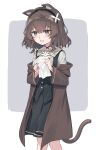  1girl absurdres animal_ear_fluff animal_ears bangs blood brown_coat brown_hair cat_ears cat_girl cat_tail choker coat daisy flower frown grey_eyes highres medium_hair nosebleed open_mouth original satou_(3366_s) solo tail 