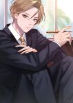  1boy black_pants black_suit brown_hair formal highres holding holding_pen indoors knees_up long_sleeves looking_at_viewer male_focus necktie original pants pen salaryman short_hair sitting suit window yellow_necktie yori_(ito_haruki) 