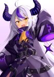  1girl ahoge ascot belt black_belt blush braid chain coat collar demon_girl demon_horns grey_hair hand_on_hip hand_up highres hololive horns ibuki_sho la+_darknesss long_hair long_sleeves looking_at_viewer metal_collar multicolored_hair o-ring open_mouth pointy_ears purple_coat purple_hair sidelocks sleeves_past_fingers sleeves_past_wrists smile solo streaked_hair striped_horns teeth upper_teeth very_long_hair virtual_youtuber white_background wide_sleeves yellow_ascot yellow_eyes 
