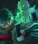  2boys blurry blurry_foreground boku_no_hero_academia cape commentary english_commentary english_text flick fog freckles gloves glowing glowing_eyes green_eyes green_hair green_theme hand_on_own_arm high_collar highres looking_at_viewer male_focus midoriya_izuku multiple_boys outstretched_arm scar scar_on_face short_hair spoilers trubwlsum twitter_username v-shaped_eyebrows weapon yellow_cape 