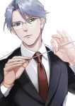  1boy baton_(conducting) black_suit formal frown glasses green_eyes grey_hair hands_up highres himuro_reiichi long_sleeves looking_at_viewer male_focus necktie red_necktie short_hair solo suit tokimeki_memorial tokimeki_memorial_girl&#039;s_side upper_body white_background yori_(ito_haruki) 