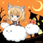  1girl :3 :d animal_ear_fluff animal_ears apple bangs bare_tree basket blonde_hair blush brown_cloak building chibi claw_pose cloak clouds commentary_request crescent_moon crop_top elbow_gloves fake_animal_ears fang food fruit gloves gochuumon_wa_usagi_desu_ka? green_eyes grey_hairband grey_shirt hairband hands_up happy_halloween hood hood_down hooded_cloak jack-o&#039;-lantern kirima_syaro looking_at_viewer midriff mitya moon motion_lines navel orange_sky red_apple scar scar_across_eye shirt sky smile solid_circle_eyes star_(symbol) tree twitter_username white_gloves wild_geese window 