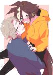  1boy 1girl :d absurdres bare_shoulders black_pants blue_jacket blush border brown_eyes brown_hair brown_sweater carrying carrying_person closed_eyes glasses hair_over_one_eye highres hood hoodie horse_girl horse_tail jacket long_sleeves maru_(hachi_47923) open_mouth pants pink_background smile sweater tail trainer_(umamusume) turtleneck turtleneck_sweater umamusume vodka_(umamusume) white_border yellow_hoodie 