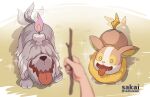  1other afterimage blurry commentary_request dog fangs fire flame greavard green_eyes grey_fur holding holding_stick open_mouth pokemon pokemon_(creature) sakai_(motomei) sparkle stick tail tail_wagging tongue tongue_out watermark yamper 