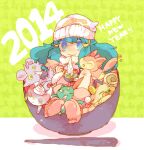  1girl 2014 beanie blue_eyes blue_hair boots bowl chopsticks closed_mouth colored_eyelashes espurr food fruit glameow hair_ornament happy_new_year hat hikari_(pokemon) holding holding_bowl holding_chopsticks in_bowl in_container katiko long_hair meowth orange_(fruit) pink_footwear pokemon pokemon_(creature) pokemon_(game) pokemon_dppt scarf skitty smile sneasel white_headwear white_scarf 