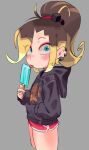  1girl blonde_hair blue_eyes borrowed_character brown_hair chi-iz colored_tips dice_hair_ornament ear_piercing fang food fukumoto_ginko grey_background hair_ornament highres hood hoodie multicolored_hair original piercing ponytail popsicle short_shorts shorts tongue tongue_out 