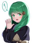  1girl bangs fire_emblem fire_emblem:_three_houses flayn_(fire_emblem) green_eyes green_hair hair_ornament highres hondaranya long_hair long_sleeves looking_to_the_side own_hands_together solo speech_bubble translation_request upper_body 