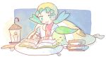  1girl 2016 blanket blue_eyes blue_hair book book_stack candle chikorita closed_mouth dated hat jacket katiko kris_(pokemon) lantern lit_candle long_sleeves no_nose open_book open_clothes open_jacket pokemon pokemon_(creature) pokemon_(game) pokemon_gsc smile turning_page turtleneck twintails white_jacket yellow_headwear 
