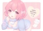  1girl absurdres blue_sweater breasts hair_between_eyes happy_birthday hatena_(harrrr07) highres long_sleeves medium_breasts niconico nqrse pink_eyes pink_hair short_hair sweater utaite_(singer) 