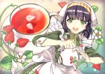  1girl absurdres apron bangs black_hair cup flower food fruit green_eyes hayosena highres holding holding_teapot kyoumachi_seika long_sleeves looking_at_viewer maid medium_hair open_mouth smile solo standing strawberry tea teacup teapot teeth upper_teeth voiceroid 
