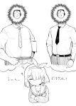  1girl 2boys ? arona_(blue_archive) blue_archive bow bow_hairband faceless faceless_male fat greyscale hair_bow hairband henry_bird_9 monochrome multiple_boys necktie sensei_(blue_archive) shirt translation_request watch watch white_shirt 
