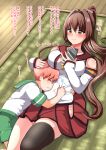  1boy 1girl admiral_(kancolle) armband black_thighhighs breasts brown_eyes brown_hair cellphone cherry_blossoms flower green_sailor_collar hair_flower hair_intakes hair_ornament highres hip_vent holding holding_phone hug kantai_collection large_breasts little_boy_admiral_(kancolle) long_hair lying miniskirt mochisaka_mitsuki on_back on_side phone pink_hair pleated_skirt ponytail red_skirt sailor_collar short_hair sidelocks single_thighhigh skirt smartphone smile thigh-highs translation_request very_long_hair yamato_(kancolle) z_flag 