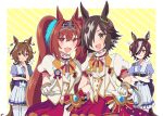  4girls :d agnes_tachyon_(umamusume) animal_ears bangs border bow bowtie brown_eyes brown_hair circlet closed_mouth crossed_arms daiwa_scarlet_(umamusume) en-da eyepatch gloves hair_bow highres horse_ears horse_girl horse_tail jacket multiple_girls open_mouth orange_bow orange_hair pointing pointing_at_viewer purple_bow purple_bowtie purple_shirt red_skirt sailor_collar school_uniform shirt short_hair short_sleeves skirt smile tail tanino_gimlet_(umamusume) thigh-highs tracen_school_uniform twintails umamusume violet_eyes vodka_(umamusume) white_border white_gloves white_jacket white_skirt white_thighhighs yellow_background 