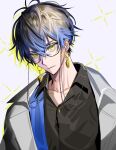  1boy bangs blue_hair brown_hair closed_mouth collared_shirt commentary earrings english_commentary eyewear_strap glasses gradient_hair highres ike_eveland jacket jewelry looking_at_viewer male_focus multicolored_hair nijisanji nijisanji_en shirt short_hair silhouette solo upper_body v_doodo virtual_youtuber 