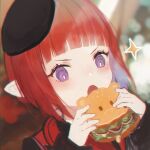  1girl 2022 bangs blunt_bangs blush bread bread_slice dress final_fantasy final_fantasy_xiv food hat highres holding holding_food lalafell lettuce onion open_mouth original pointy_ears redhead sandwich solo sparkle tomato violet_eyes 