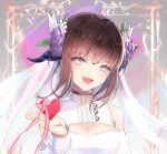  1girl au_ra bangs bow brown_hair dress fang final_fantasy final_fantasy_xiv flower gown hair_flower hair_ornament heart highres looking_at_viewer open_mouth original purple_flower purple_rose ribbon rose sidelocks skin_fang smile solo unicha upper_body violet_eyes white_dress 