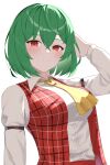  1girl absurdres anima_miko ascot bangs closed_mouth crossed_bangs green_hair hand_in_own_hair highres kazami_yuuka long_sleeves plaid plaid_vest red_eyes red_vest shirt short_hair simple_background solo touhou upper_body vest white_background white_shirt yellow_ascot 