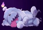  animal_focus commentary dog fire flame full_body greavard highres lying motion_blur no_humans on_side open_mouth pokemon pokemon_(creature) purple_fire sankaku solo symbol-only_commentary tail tail_wagging tongue tongue_out 