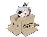  1girl absurdres artist_request bangs box cardboard_box closed_eyes counter:side eyepatch feathers female_child grey_hair han_sorim highres in_box in_container korean_text official_art open_mouth solo stuffed_animal stuffed_bunny stuffed_toy tachi-e translation_request 