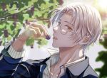  1boy blue_jacket collared_shirt food fruit glasses grapes haru_miteinatsu highres holding holding_food jacket long_sleeves looking_at_viewer open_mouth shirt short_hair solo tears_of_themis tree upper_body vyn_richter_(tears_of_themis) white_hair white_shirt yellow_eyes 