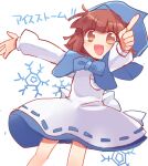  1girl arle_nadja back_bow bangs blue_bow blue_hood bow brown_eyes brown_hair dress highres hood long_sleeves looking_at_viewer open_mouth outstretched_hand pointing puyopuyo simple_background smile snowflakes white_background white_bow white_dress xox_xxxxxx 