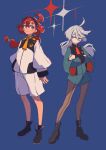  2girls absurdres ahoge ankle_boots aqua_eyes asticassia_school_uniform black_footwear black_hairband black_socks blue_background blush boots commentary_request cowlick crossed_arms eyelashes full_body green_jacket green_shorts grey_eyes grey_hair gundam gundam_suisei_no_majo hair_between_eyes hairband high_heels highres jacket long_hair long_sleeves looking_at_another low_ponytail medaka_(user_ucft3727) miorine_rembran multiple_girls necktie pantyhose parted_lips red_necktie redhead school_uniform shiny shiny_hair shorts socks sparkle standing suletta_mercury thick_eyebrows white_jacket white_shorts wide_sleeves yellow_necktie 