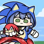  1girl :3 alternate_hair_color blue_hair bone_hair_ornament closed_mouth clouds commentary_request crossover furry furry_male green_eyes hair_ornament hololive inugami_korone jazz_jack knuckles_the_echidna looking_at_viewer lowres outdoors running solo sonic_(series) sonic_the_hedgehog sonic_the_hedgehog_1 v-shaped_eyebrows virtual_youtuber 
