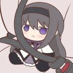  1girl :&lt; akemi_homura black_hair blush chibi closed_mouth film_grain fumo_(doll) hairband long_hair looking_at_viewer lowres mahou_shoujo_madoka_magica pantyhose seatbelt sitting solo violet_eyes yuno385 