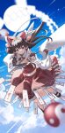  1girl above_clouds between_fingers blurry bow brown_eyes brown_hair clouds depth_of_field detached_sleeves floating hair_bow hair_tubes hakurei_reimu highres holding knee_up long_hair looking_at_viewer mary_janes ofuda red_bow red_shirt red_skirt shide shirt shoes sidelocks skirt skirt_set solo touhou yuujin_(yuzinn333) 