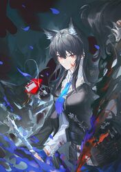  1girl animal_ear_fluff animal_ears arknights black_vest blood blood_on_face blue_necktie collared_shirt cowboy_shot dog_tags floating_hair food hair_between_eyes highres holding holding_sword holding_weapon long_hair long_sleeves looking_at_viewer luren_max name_tag necktie official_alternate_costume pocky shirt sidelocks solo sword texas_(arknights) texas_the_omertosa_(arknights) vest weapon white_shirt wolf_ears wolf_girl yellow_eyes 