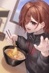  1girl absurdres black_shirt blurry blurry_background bowl brown_hair chopsticks dutch_angle fingernails food highres higuchi_madoka holding holding_chopsticks idolmaster idolmaster_shiny_colors lactucalove looking_at_viewer mole mole_under_eye nail_polish noodles ramen red_eyes restaurant shirt solo sweatdrop 