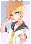  1boy absurdres aqua_eyes artist_name bangs black_sleeves closed_mouth detached_sleeves earphones eyes_visible_through_hair hair_between_eyes hand_up highres holding holding_earphones kagamine_len kusunokimizuha looking_at_viewer male_focus multicolored_eyes necktie pink_background puffy_short_sleeves puffy_sleeves sailor_collar sailor_shirt shirt short_hair short_sleeves signature simple_background single_earphone_removed solo spiky_hair upper_body vocaloid white_shirt yellow_eyes yellow_necktie 