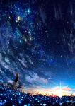  1girl amatsuki_rei bicycle black_shirt blue_sky clouds cloudy_sky fantasy field galaxy glowing grass ground_vehicle highres long_sleeves night night_sky orange_hair original outdoors scenery shirt short_hair sky solo standing star_(sky) starry_sky sunlight sunrise 