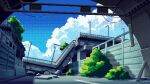  animated animated_gif bird blue_sky bridge clouds day no_humans original outdoors overgrown pixel_art scenery setamo_map sky 