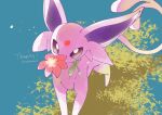  animal_focus bright_pupils commentary_request espeon flower forehead_jewel forked_tail highres mouth_hold no_humans pink_flower pokemon pokemon_(creature) shiramizore_(rate1026) solo standing tail thank_you white_pupils 