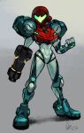  1girl alex_ahad arm_cannon clenched_hand full_body grey_background helmet highres looking_at_viewer metroid metroid_dread narrow_waist power_armor power_suit samus_aran solo standing weapon 