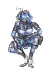  1girl breasts cable glowing highres holding holding_knife humanoid_robot knife kotone_a medium_breasts pilot_(titanfall_2) pouch robot simulacrum_(titanfall) solo squatting stim_pilot_(titanfall_2) titanfall_(series) titanfall_2 twitter_username white_background 