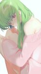  1girl bare_shoulders c.c. code_geass creayus green_hair highres long_hair looking_at_viewer pink_sweater solo sweater white_background yellow_eyes 